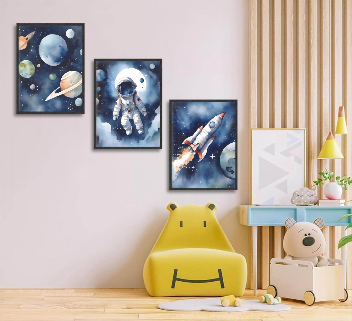 3Pcs Nursery Astronaut Wall Art Kids Space Planets Theme Canvas Painting Rocket Spaceman Wall Decor Explore Dream Galaxy Poster Prints Funny Outer Space Picture for Boys child Bedroom Living Unframed