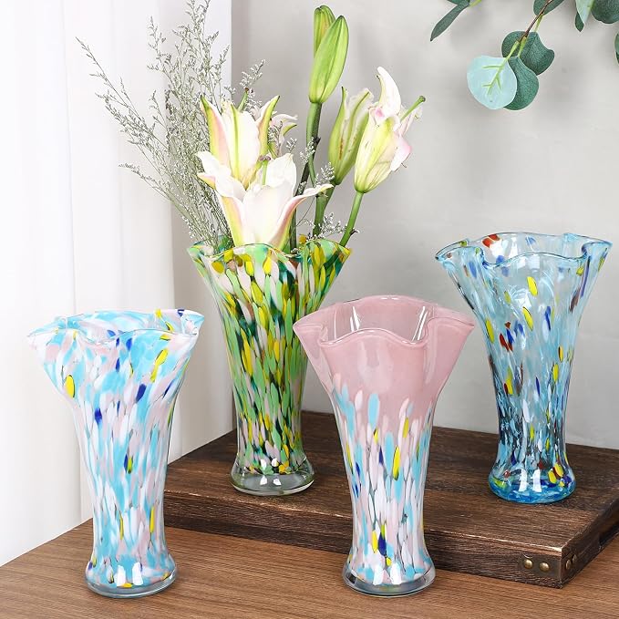 9.0" H Aqua Glass Vases for Flowers, Unique Hand Blown Glass Vase Aqua Home Decor, Wide Mouth Colorful Flower Vase Centerpieces, for Living Room Table Bookshelf, Bathroom Office Shelf Decorative