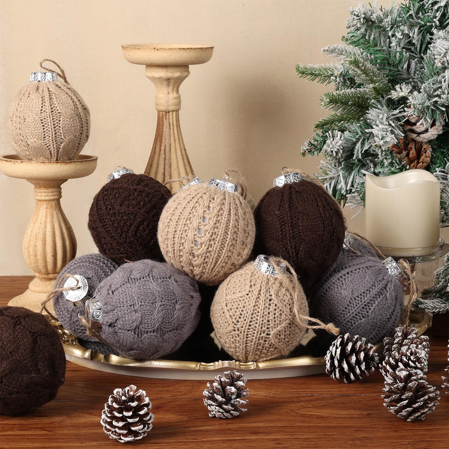 15-Pack Neutral Christmas Ornaments Crochet Christmas Balls - Handmade Style Yarn Ornaments,3.15 inch Knitted Cotton Baubles for Rustic Farmhouse Holiday Xmas Gift Decor (Grey Scheme)