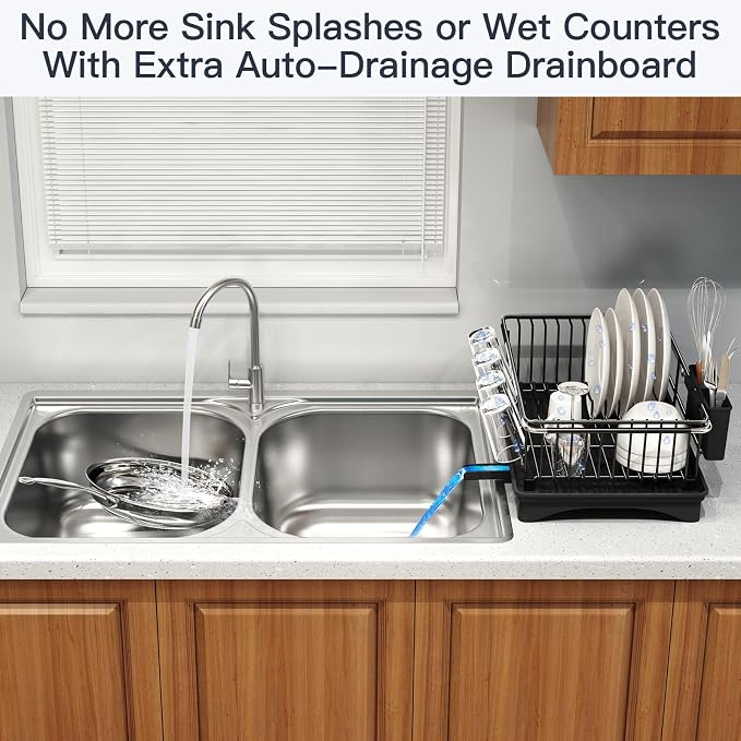 MAJALiS Dish Drying Rack Over The Sink with Utensil Holder, Drainboard | Expandable Stainless Steel Dish Drainer for Small Kitchen, Apartment, RV, Counter Space Saving, Perfect Fit, Rustproof