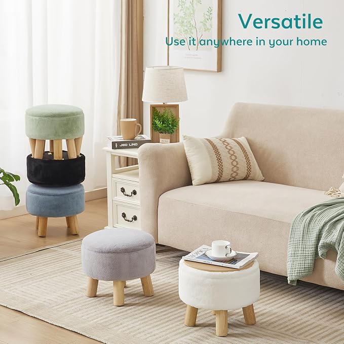 Small Foot Stool Ottoman with Storage, Soft Faux Fur Ottoman Foot Rest for Couch, Round Footstool with Storage, Small Ottomans and Footstools for Living Room and Entryway (White)