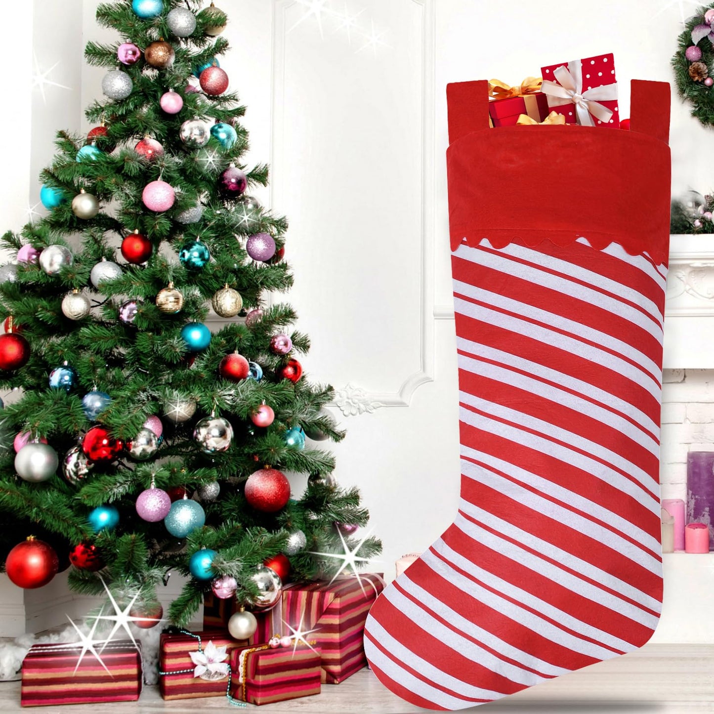 Asisca 2 Pack Jumbo Candy Cane Christmas Stockings, 38 Inches Large Red and White Felt Christmas Stockings for Xmas Tree Fireplace Hanging Decor and Holiday Party Family Home Decorations