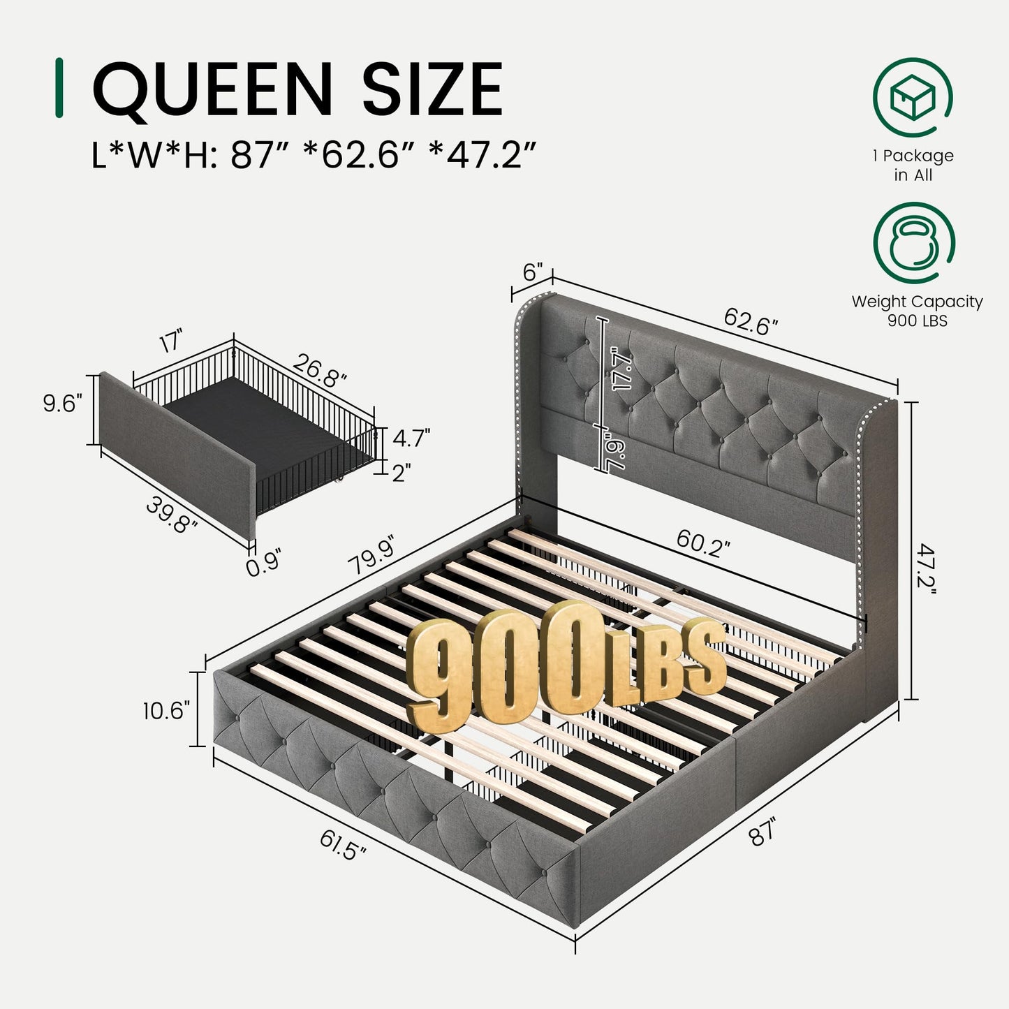 LARMACE Queen Size Platform Bed Frame with 4 Storage Drawers and 47.2" Tall Tufted Headboard Linen Upholstered Bed Wingback Bed Frame with Wooden Slats Support, Easy Assembly, Light Grey