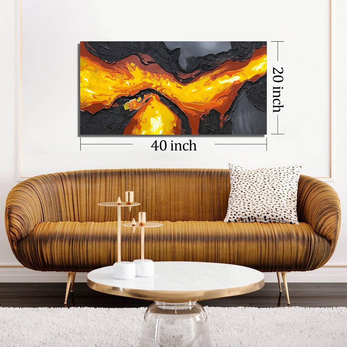 GUGIKA Abstract Wall Art for Living Room, Hand Painted 3D Textured Magma Paintings, Black and Gold Yellow Volcanic Lava Canvas Wall-Decor for Bedroom, Size 40 x 20 Inches