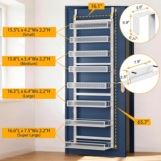 Over the Door Pantry Organizer 8 Tier Hanging or Wall Mounted Spice Rack with Adjustable Basket,Heavy Duty Metal Seasoning Organizer Shelf for Kitchen Pantry and Bathroom
