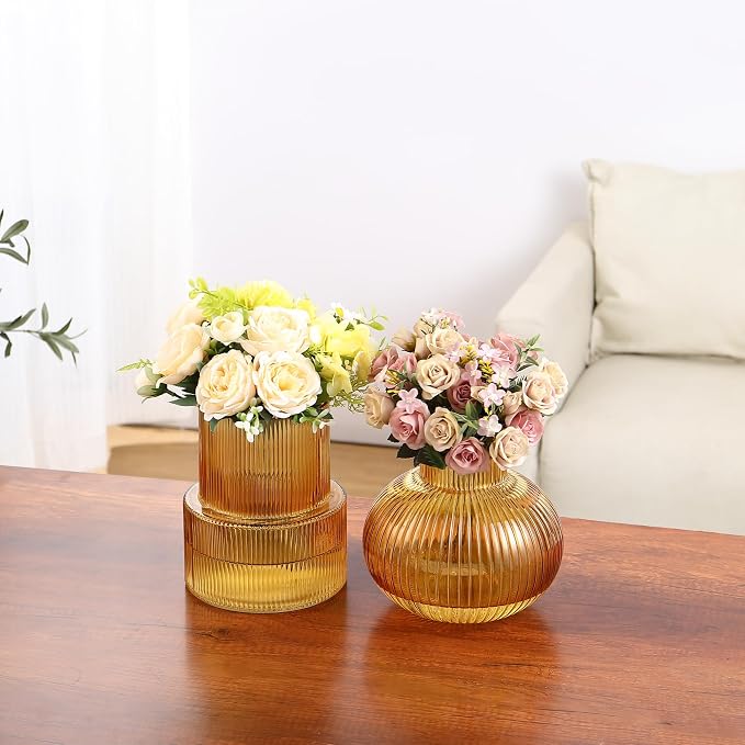 Ribbed Glass Vases, Set of 2 Fluted Vases for Flowers, Amber Glass Vase for Tulips, Modern Vase for Living Room, Kitchen, Office, Entryway, Mantle, Bookshelf, Wedding Gifts, Birthday