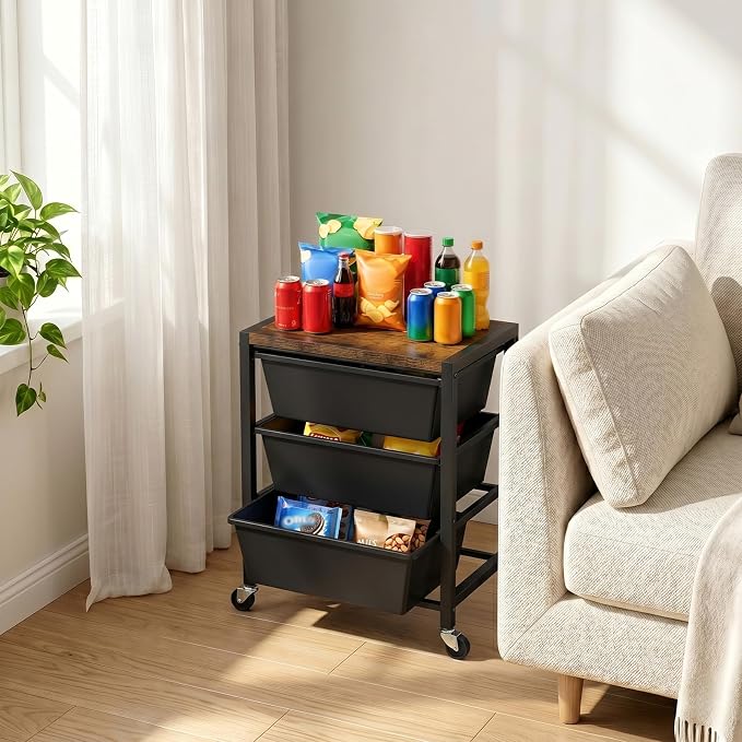 Rolling Cart with 3 Drawers, Plastic Drawer Storage Carts with Lockable Wheels & Wooden Tabletop, Metal Art Craft Utility Cart Organizer for Home Office Bedroom Dorm Bedside Classroom, Dark Black