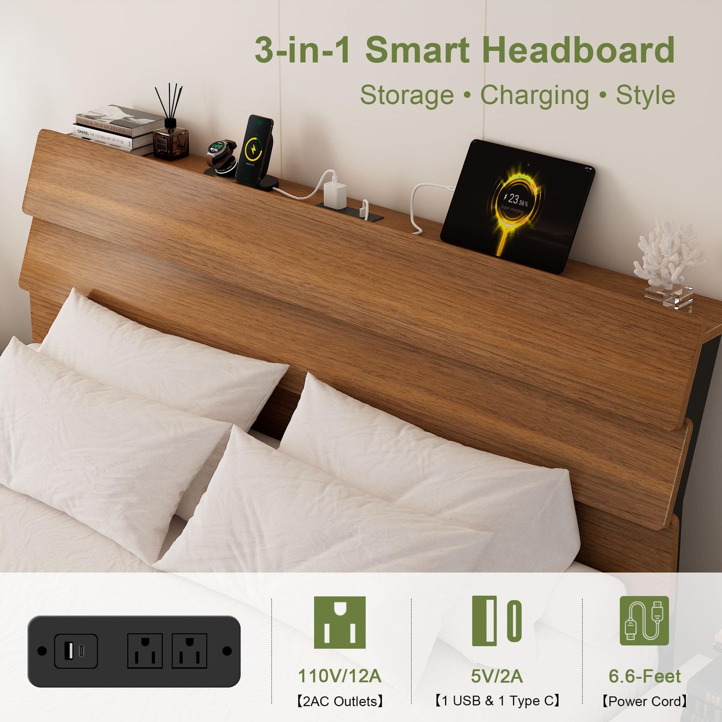 Feonase Floating Bed Frame King with Led Lights and Charging Station, Wood Full Size Bed Frame with Storage Headboard, Heavy Duty Metal Slats, No Box Spring Needed, Easy Assembly,Walnut