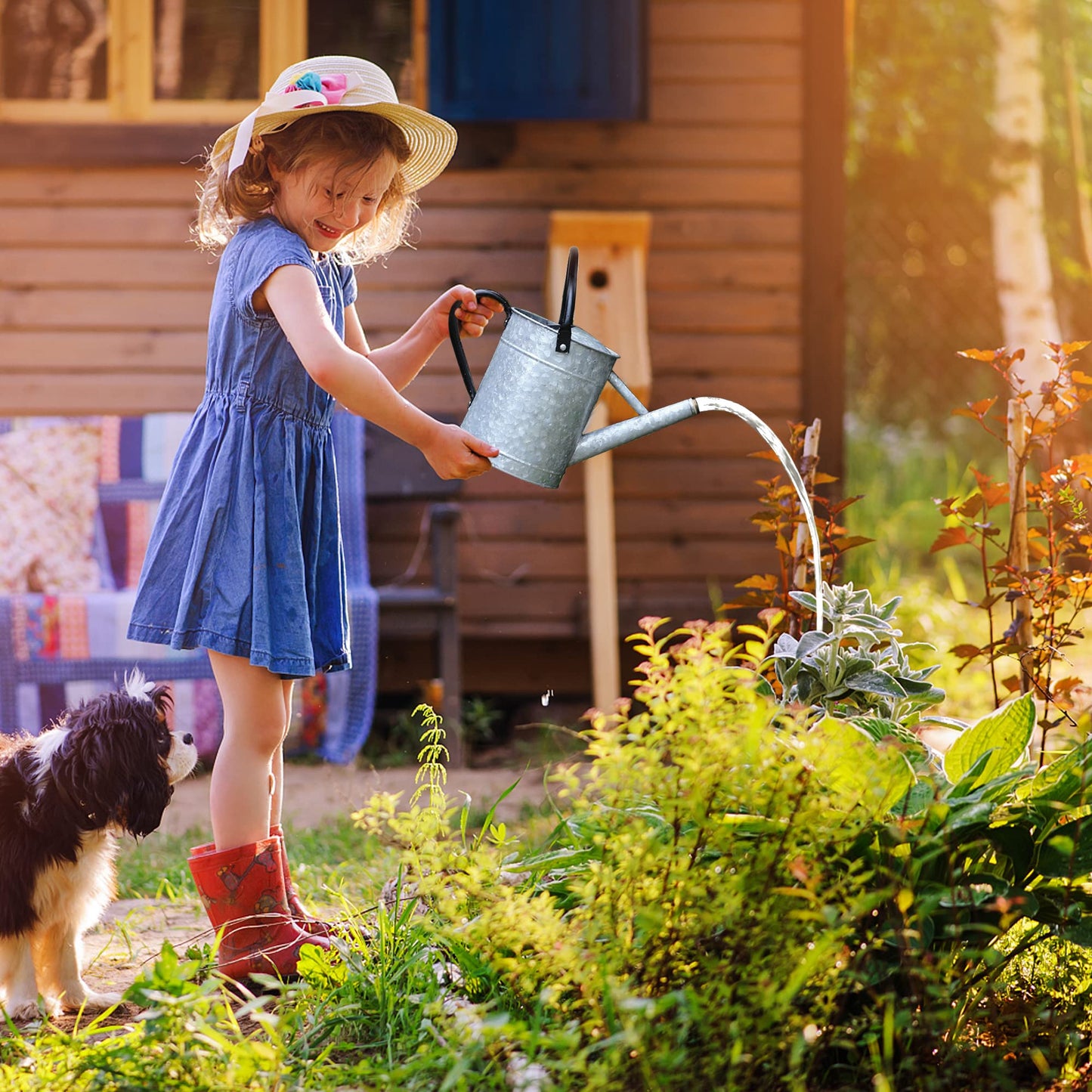 Garutom Galvanized Watering Can for Outdoor Indoor Plants, 1 Gallon Decorative Countryside Style Water Can with Removable Spout, Perfect Metal Watering Can for Indoor Plants and Garden Flower