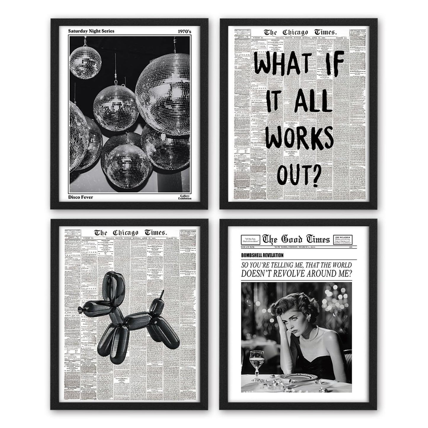 NaZaUK Funky Retro Y2K Wall Art, Black and White Newspaper Wall Art Posters Set of 4, Prints for Bedroom Decor, Trendy Preppy Aesthetic Prints, Sufeasdf 70s Disco Ball, Bar Cart Decor, 8x10 Unframed