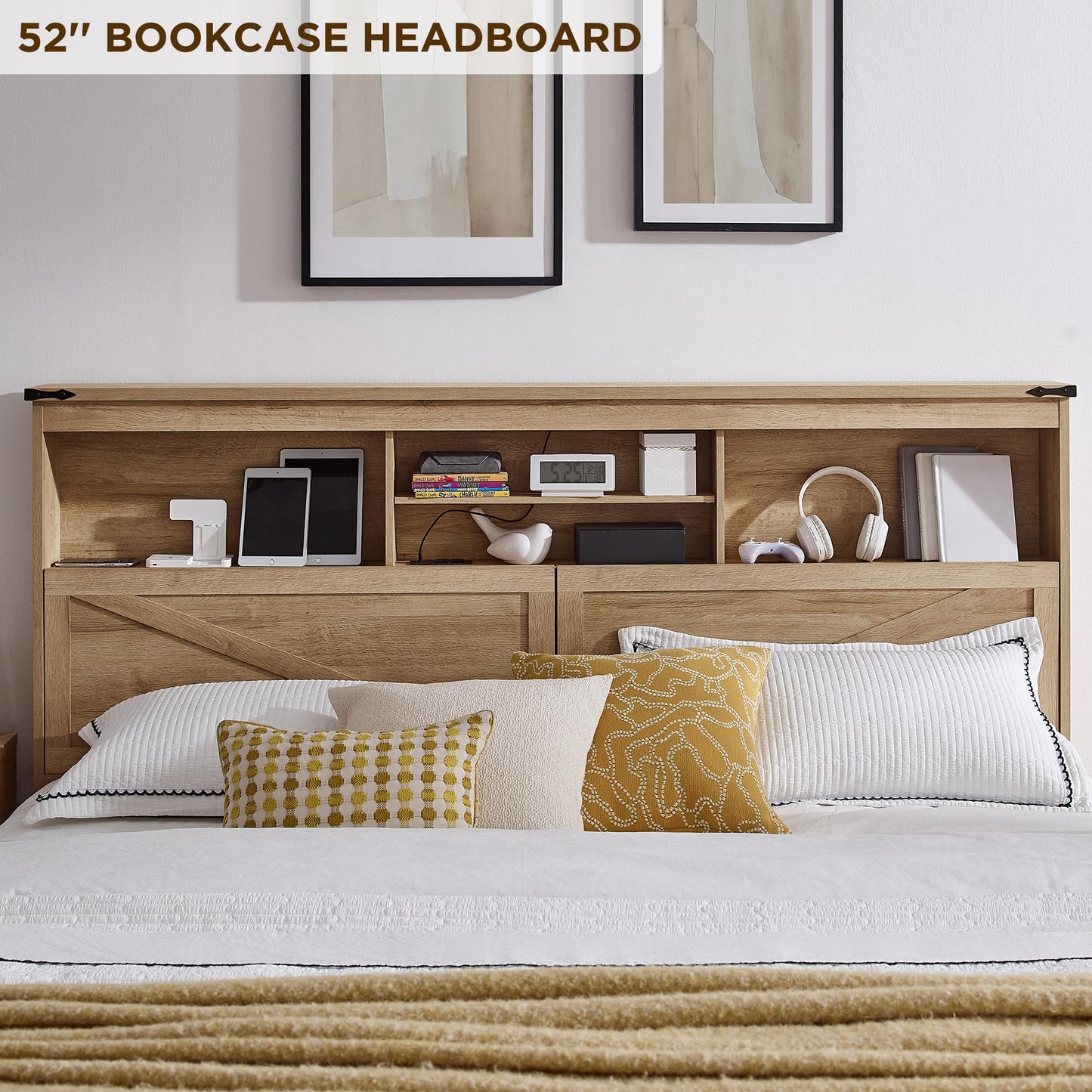 ACCOHOHO Farmhouse Queen Size Bed Frame with 52" Storage Bookcase Headboard and 4 Drawers,Wood Bed Frame with LED Light and Charging Station,Natural Oak