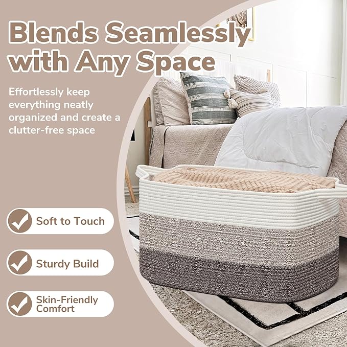 Goodpick Large Woven Storage Basket, 21.6"x14.9"x11.8", Blanket Storage for Bedroom and Living Room, Rectangle Rope Baskets for Storage, White Brown