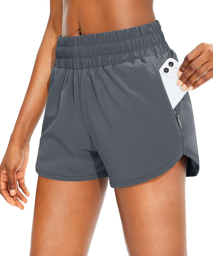 SANTINY Women's Running Shorts with Zip Pockets High Waisted Athletic Workout Gym Shorts for Women with Liner