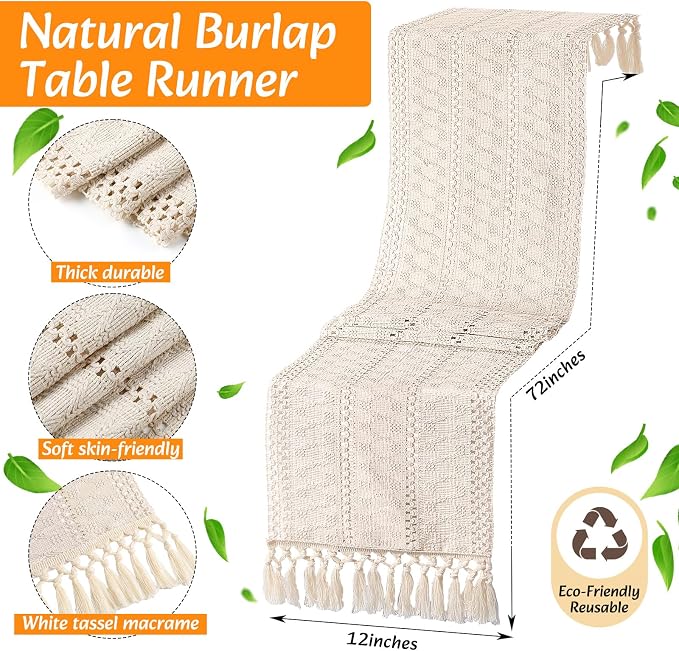 12 Sets Boho Decoration Placemats Round Woven Placemats, Cloth Napkins, Wood Bead Napkin Rings, Long Table Runner and Farmhouse Burlap Cotton for Table Kitchen (White,12x72)