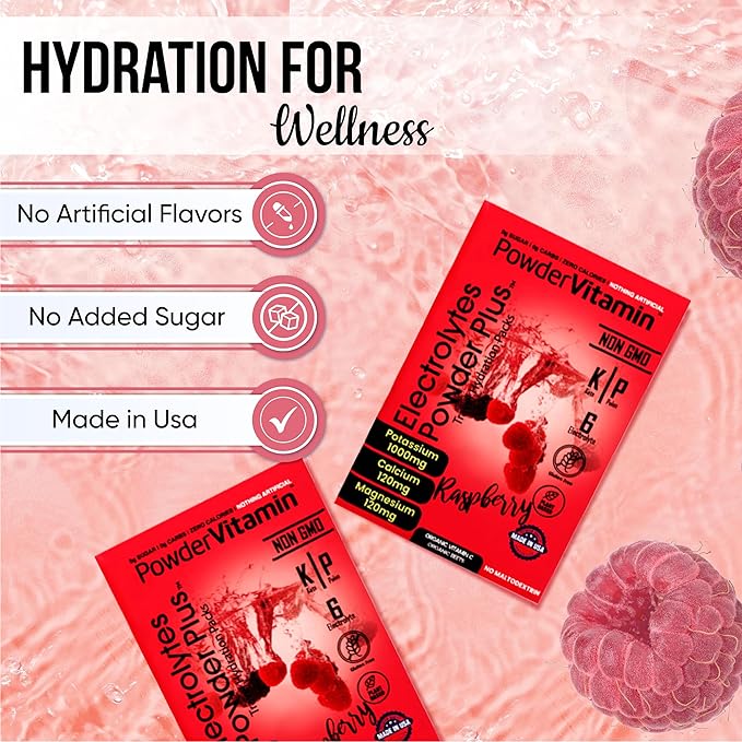 PowerVitamin Electrolytes Powder Packets - Raspberry - Keto Electrolytes for Energy - Hydration Powder with 1000mg Potassium, 120mg Magnesium, Zero Calories - 16 Hydration Packets