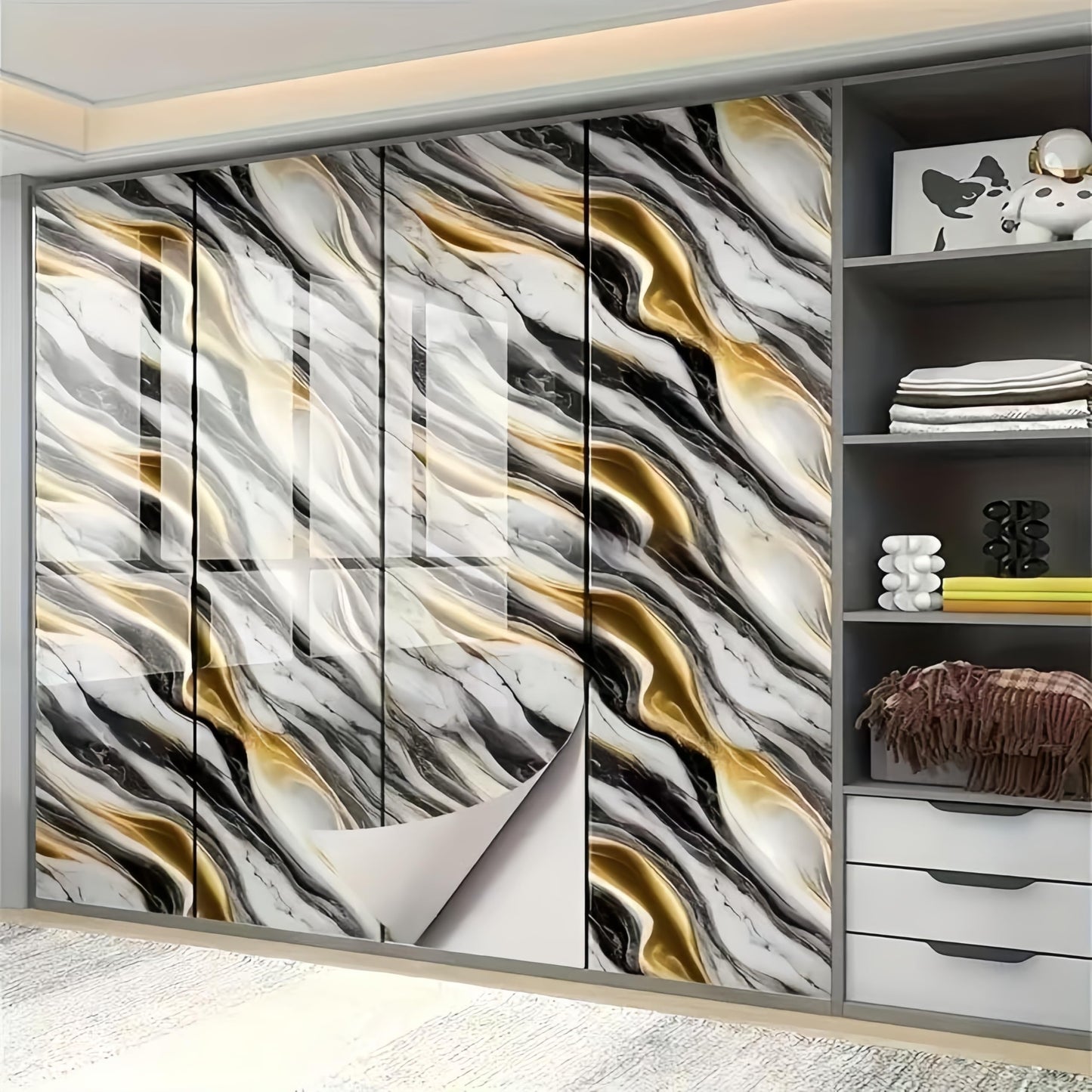 mwpqbd Wallpaper Kitchen Cooktop Oil Resistant Sticker Furniture Renovation Sticker Living Room TV Background Marble Texture Light Luxury Wallpaper Self-Adhesive (Black Gold Grain)