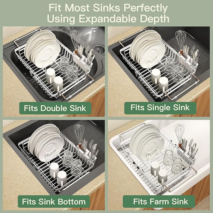 MAJALiS White Dish Drying Rack Over The Sink with Utensil Holder, Mat | Expandable Stainless Steel Dish Drainer for Small Kitchen, Apartment, RV, Counter Space Saving, Perfect Fit, Rustproof