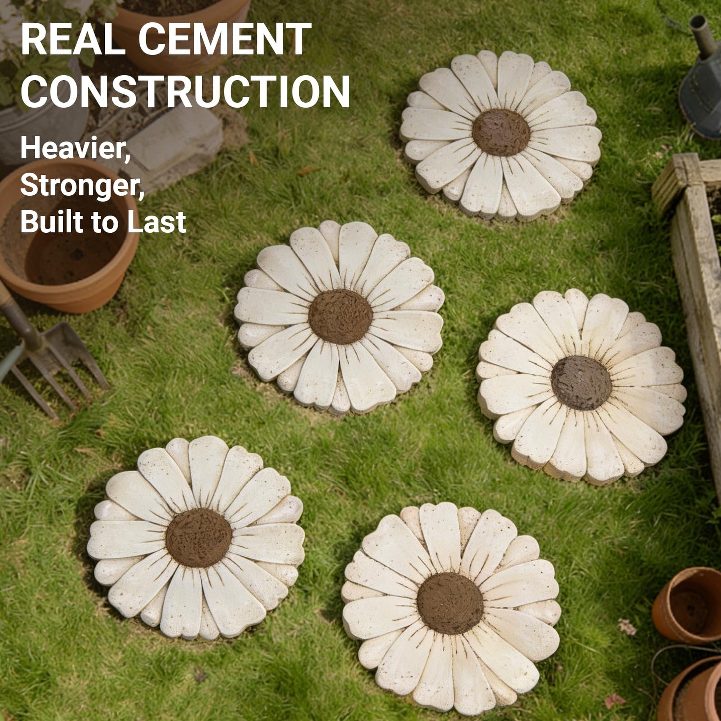 Landoraloria 2 Pack Daisy Cement Stepping Stones 10 Inch, Heavy Duty Garden Pathway Stones, Non Slip Outdoor Walkway Decor for Yard Patio Lawn, Weather Resistant Cement Stepping Stones (White)