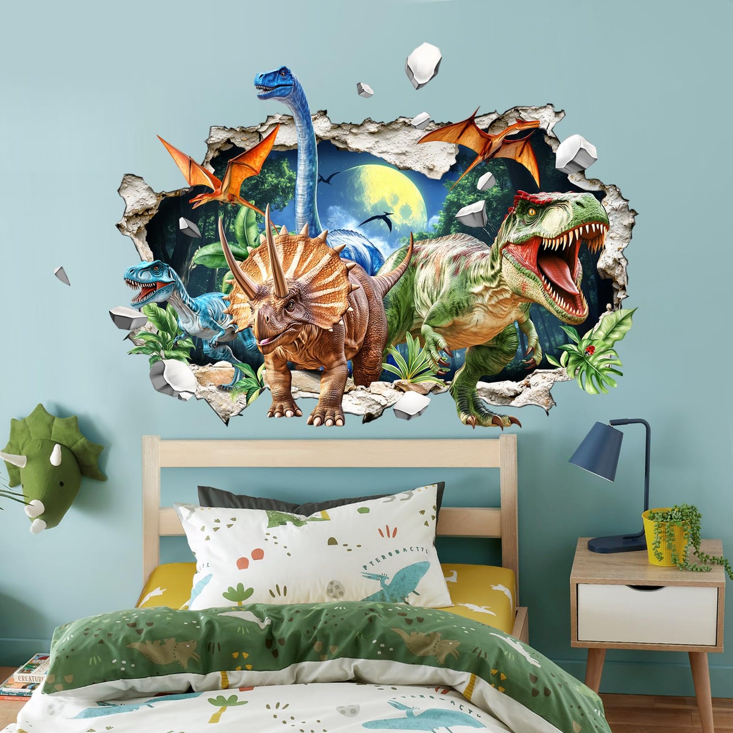 3D Dinosaur Wall Decals Break Through Large Dino Jungle Dinosaur Wall Stickers for Boys Kids Bedroom Baby Nursery Playroom Classroom Decor