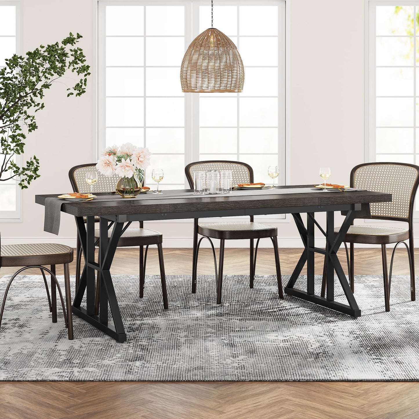 Tribesigns Farmhouse Dining Table for 6 People, 70.8-Inch Rectangular Wood Dining Table, Rustic Kitchen Table with Heavy Duty Metal Legs for Dining Room (Black, 70.8 Inch)
