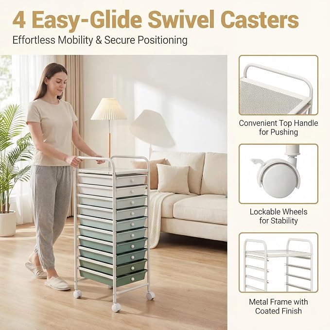 COSTWAY 10-Drawer Rolling Storage Cart, Utility Mobile Trolley with Removable Drawers & Universal Casters & 2 Brakes (Green Gradient,13"L x 15"W x 34"H (10 Drawer))