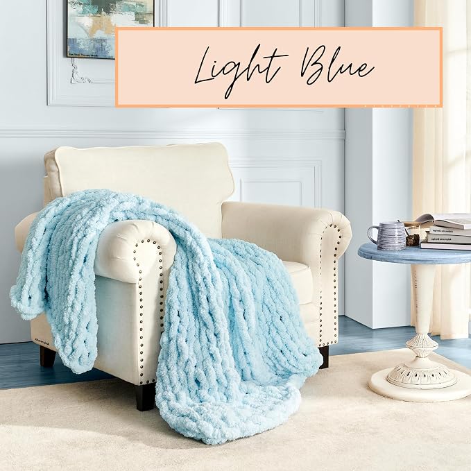 Adyrescia Chunky Knit Blanket Throw | 100% Hand Knit with Jumbo Chenille Yarn (50"x60", Light Blue)