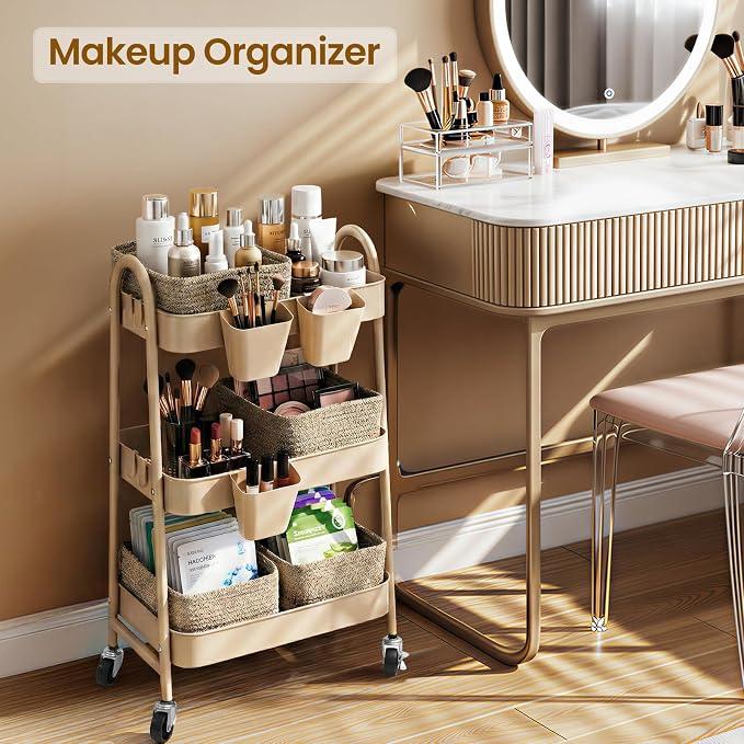 3-Tier Rolling Utility Cart with 4 Woven Baskets, Diaper Book Snack Cart, Storage Organizer for Nursery, Kitchen, Craft Room, Home SPA, Living Room, Metal Frame Trolley on Lockable Wheels, Brown