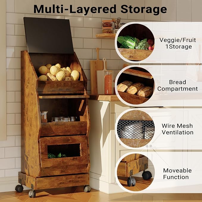 Potato and Onion Bin with Lid Movable Bread Box, Potato and Onion Storage with Wheels Black Movable, Vegetable Cabinet with 3 Tier Storage, Grocery Section Bread Box Set of 2
