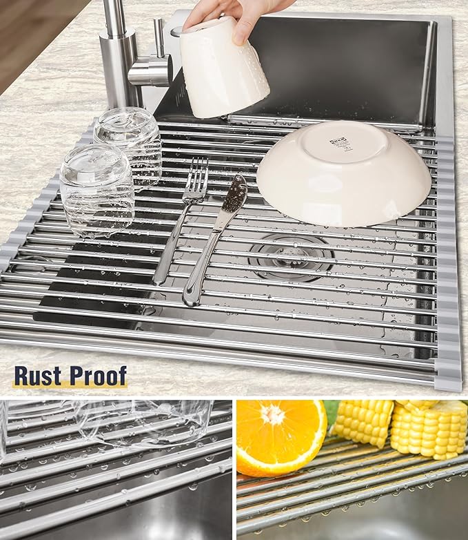 Tomorotec 21" x 15.5" Roll Up Dish Drying Rack Over Sink Drying Rack Sink Cover Kitchen Sink Accessories Gadget Multipurpose Organizer Foldable Stainless Steel Drainer