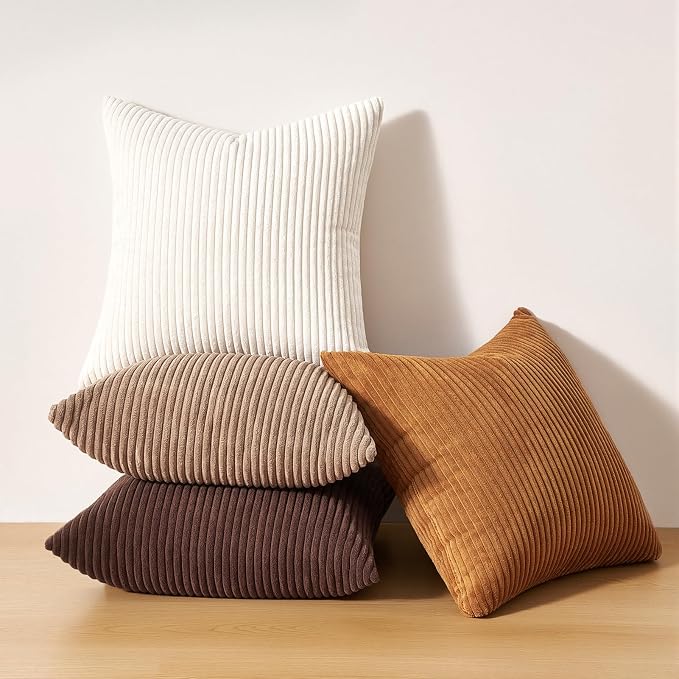 Topfinel Gold Brown Throw Pillow Covers Rustic Modern Soft Corduroy Striped Decorative Cushion Cover 16x16 Inch Gradient Farmhouse Pillow Case Set of 4 for Sofa Couch Living Room Bedroom