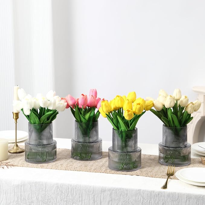 Ribbed Glass Vases, Set of 4 Small Vases for Flowers, Black Glass Vase for Tulips, Modern Vase for Living Room, Kitchen, Office, Entryway, Bookshelf, Wedding Gifts, Birthday, 6 Inches
