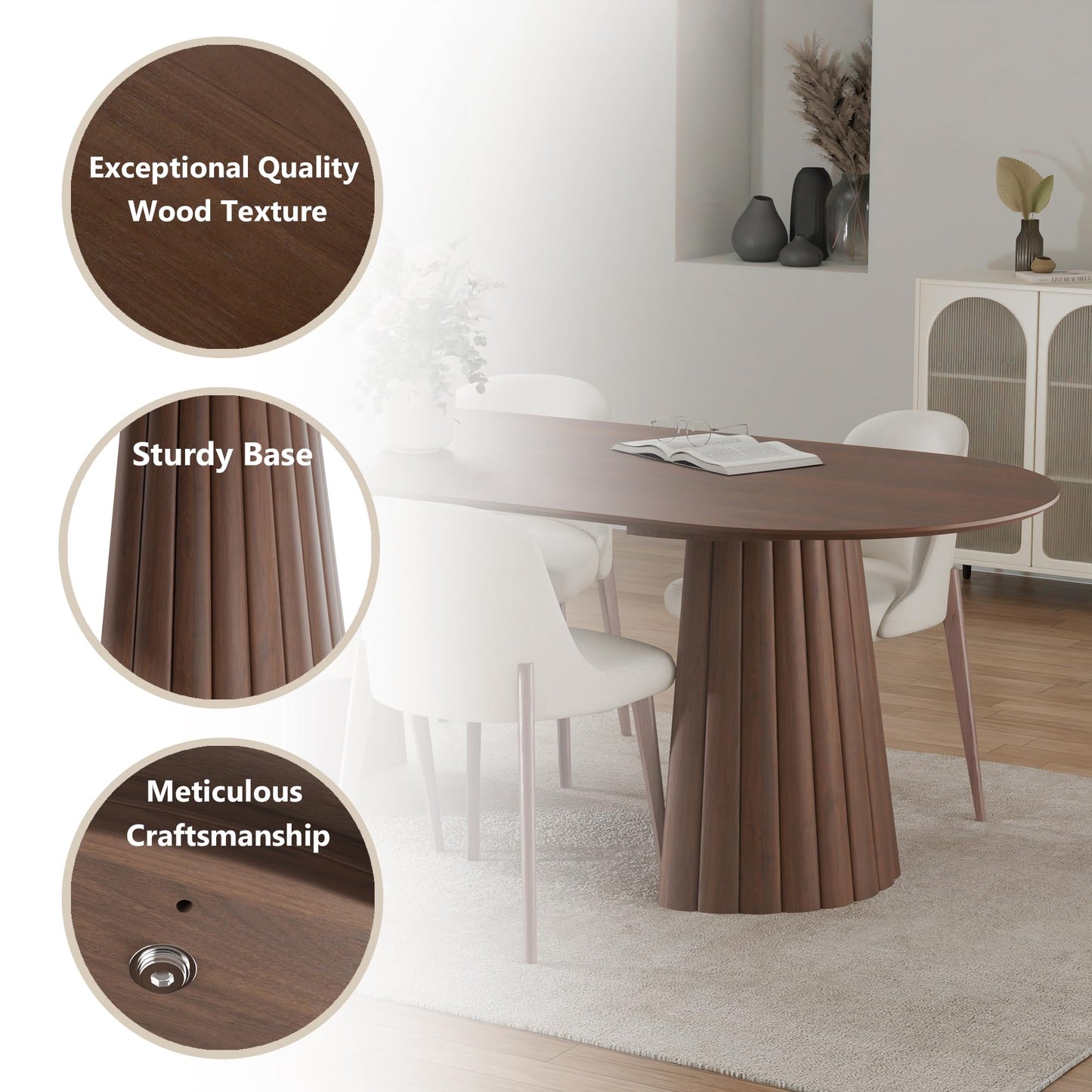 Casaphoria 79" Oval Dining Table, Modern Wood Kitchen Table with Cone Shaped Stripe Convex Base for Living Room & Dining Room, Easy Assembly Farmhouse Furniture for 6-8, Walnut