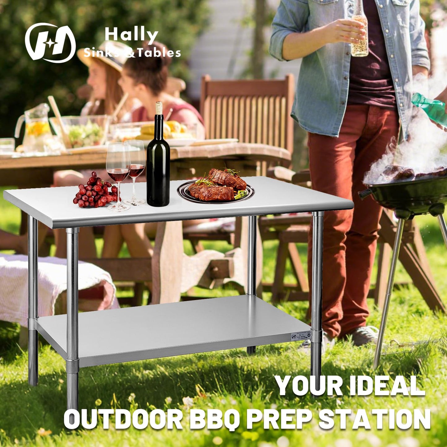 Hally Stainless Steel Table for Prep & Work 30 x 60 Inches, NSF Commercial Heavy Duty Table with Undershelf and Galvanized Legs for Restaurant, Home and Hotel
