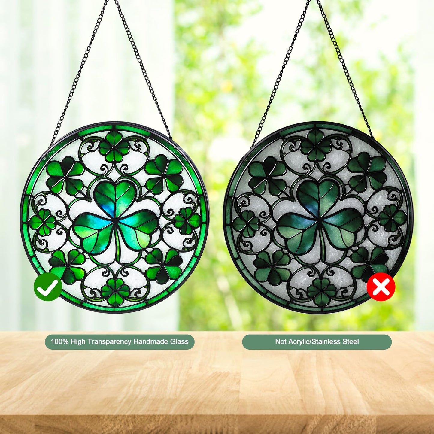 Wkyqes Ireland Green Lucky Clover Stained Glass Window Hanging Suncatcher with Chain - 7.9" Irish Shamrock Outdoor/Indoor Art Decor for Home Garden, St. Patrick's Day, Mother's,Ornaments Present