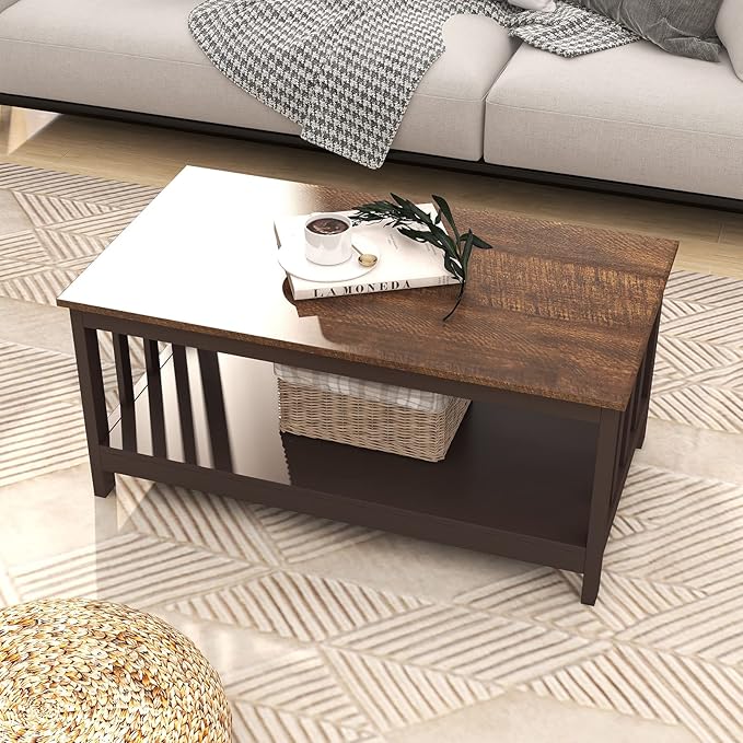 ChooChoo Farmhouse Coffee Table, Espresso Living Room Table with Shelf, 40 Inch