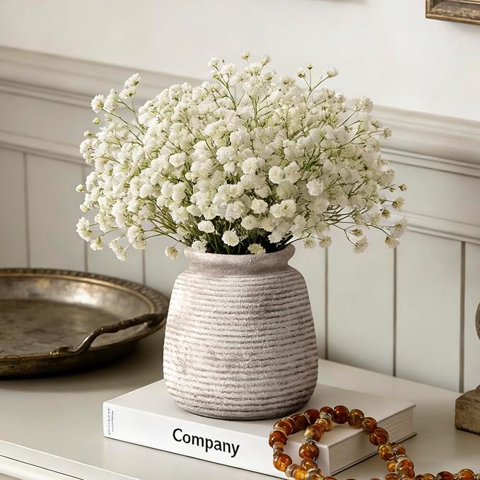 Ceramic Flower Vase, Small Vase Rustic Farmhouse Vases Home Decor Short Pottery Decorative Pampas Vase for Table Living Room Entryway Mantel Bookshelf Bedroom Bathroom Kitchen - 6" D