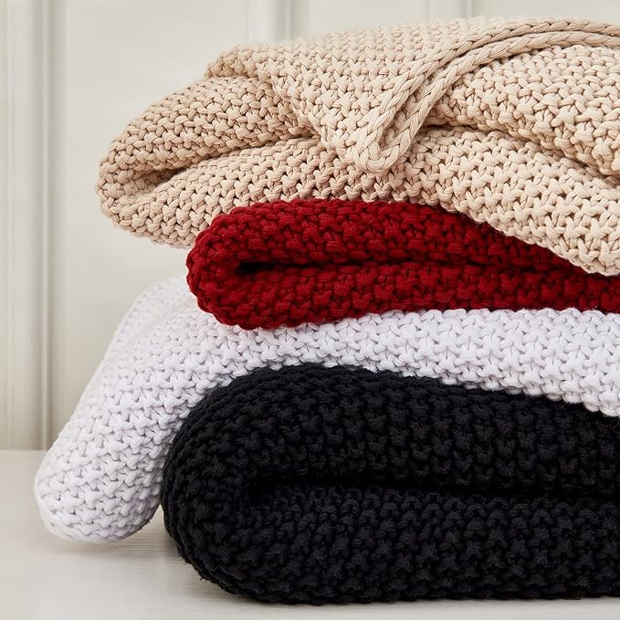 Longhui bedding Chunky Cable Knit Throw Blanket Lightweight Wine red 100% Organic Cotton Blanket for Sofa Couch Bed Baby Nursery, Rustic Shabby Chic Modern Farmhouse, 60” x 80” Give Laundering Bag