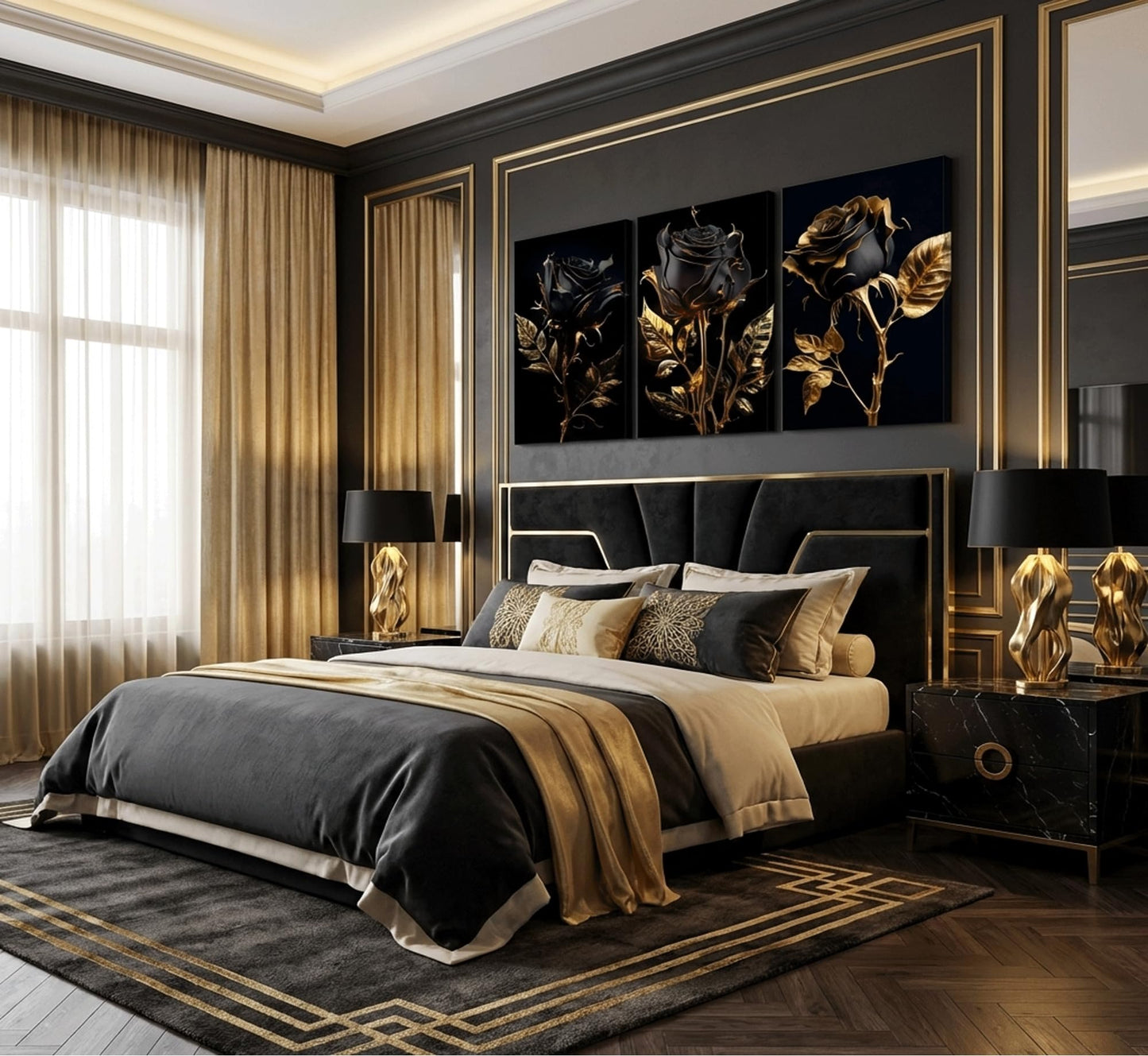 3Pcs Black And Gold Rose Canvas Wall Art Modern Luxury Flowers Pictures Wall Decor Abstract Elegant Rose Dark Posters Prints for Living Room Bedroom Office Bathroom Ready To Hang