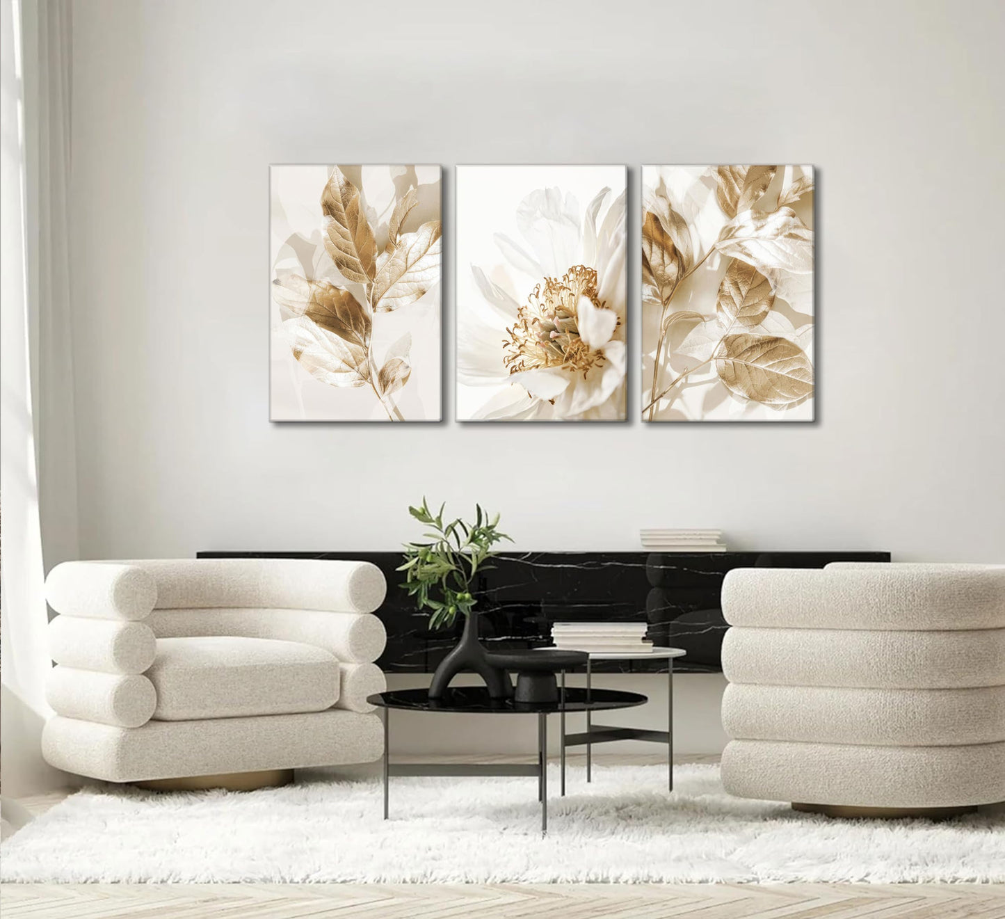 3 Pcs Modern White Floral Golden Leaves Canvas Wall Art Neutral Boho Beige Botanical Painting Pictures Nordic Wall Decor Posters Print Artwork for Bedroom Living room Office Home Decoration