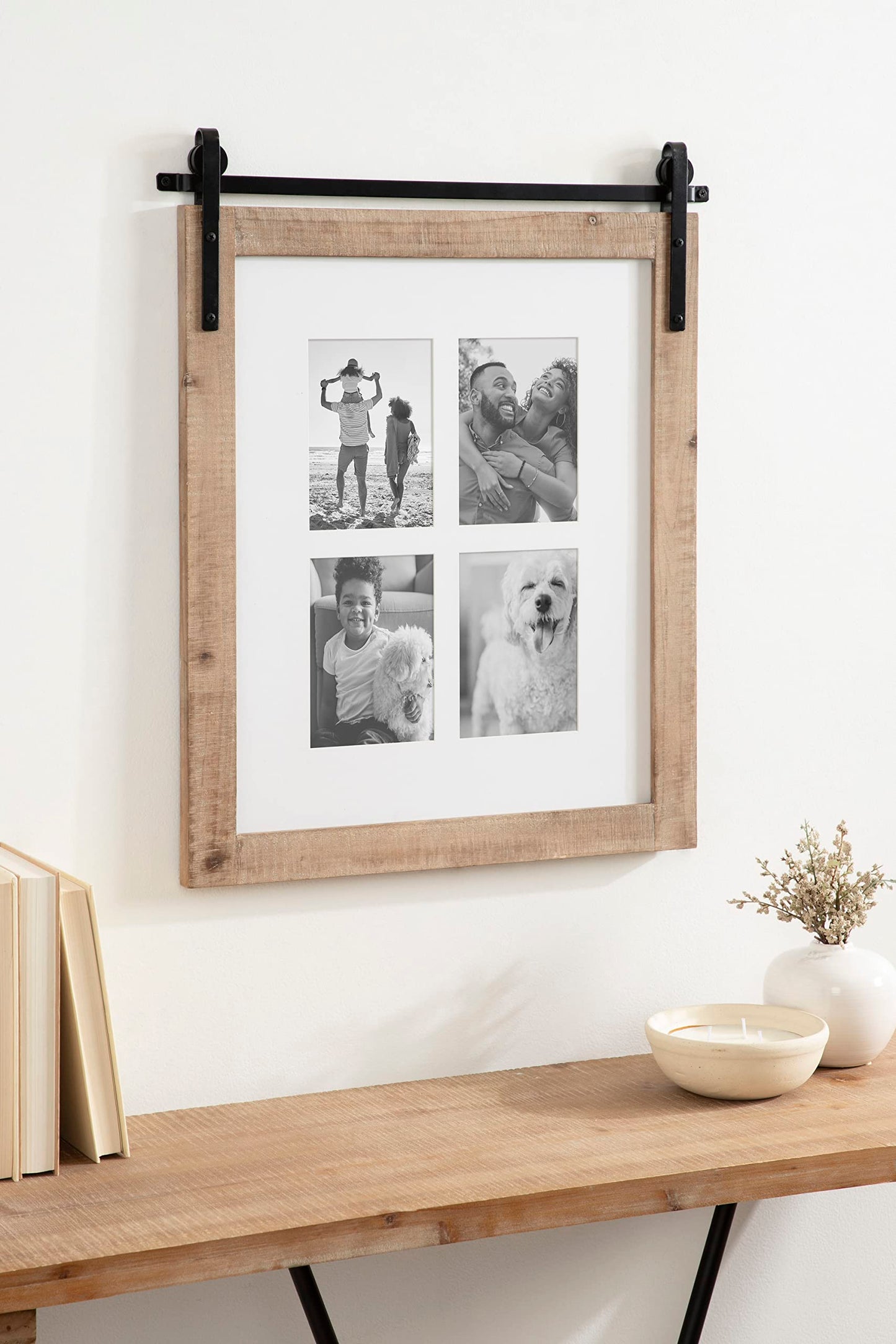 Kate and Laurel Cates Farmhouse Wooden Collage Picture Frame; 21x26 Matted to (4) 5x7; Rustic Natural Brown; Photograph Frame Fitting Four 5x7 Images with Barn Door-Inspired Design