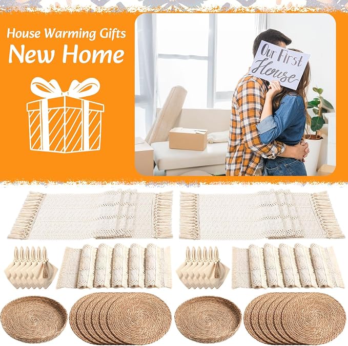 12 Sets Boho Decoration Placemats Round Woven Placemats, Cloth Napkins, Wood Bead Napkin Rings, Long Table Runner and Farmhouse Burlap Cotton for Table Kitchen (White,12x72)