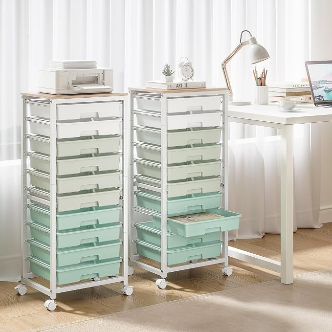 SYKIARIOL Rolling Cart with Drawers,10 Drawer Rolling Cart,Storage Cart,Utility Cart,Teacher Cart for Classroom Storage,Craft Cart with Wheels and Wooden Tabletop,Green
