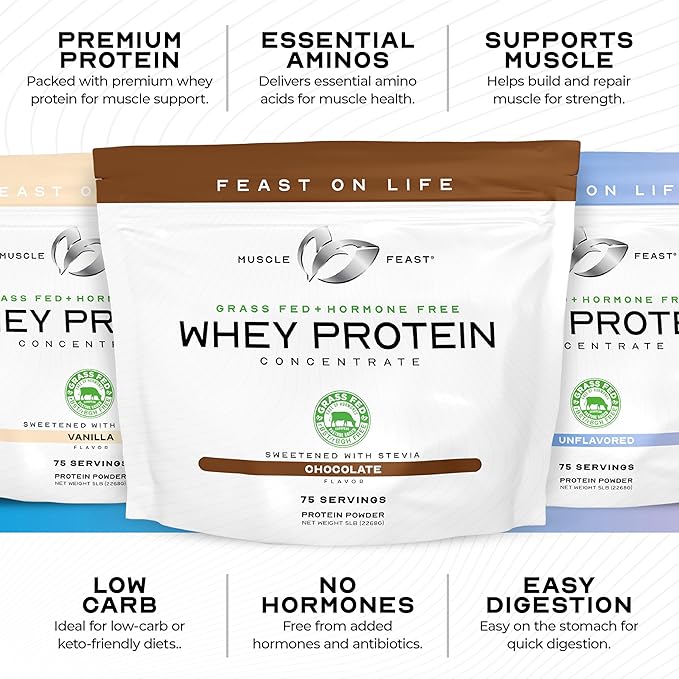 Muscle Feast Grass-Fed Whey Protein Concentrate Powder, All Natural, Hormone Free Pasture Raised Whey Protein Powder for Women & Men, Clean, Non-GMO & Gluten Free Whey Concentrate - Chocolate, 2lb