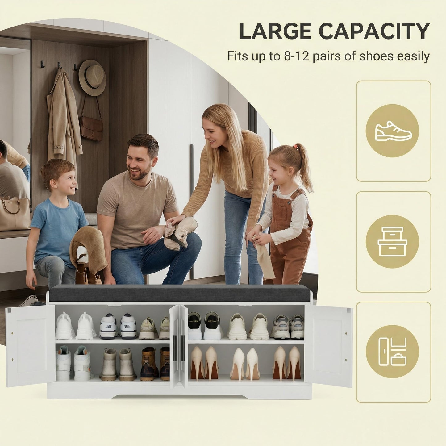 Homleke 2-Tier Storage Bench, Shoe Bench with Thickened Padded Seat Cushion, Entryway Bench with 4 Doors, Adjustable Shelf, 13.8" D x 45.3" W x 18.5" H, for Entryway, Living Room, Bedroom, White