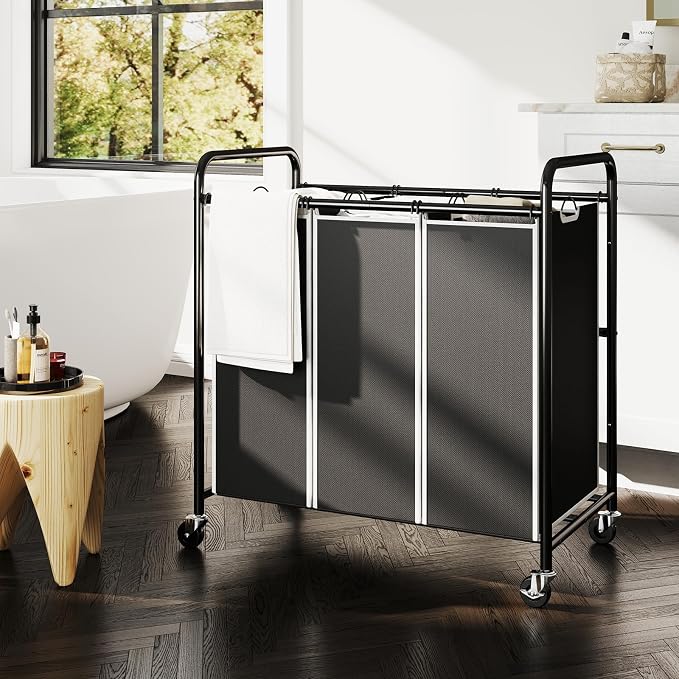 ROMOON Laundry Sorter Hamper 3 Section, Divided Laundry Basket Organizer with Heavy Duty Lockable Wheels and Removable Bags, Rolling Clothes Hamper for Apartment, Dorm & Family (135L Modern Black)
