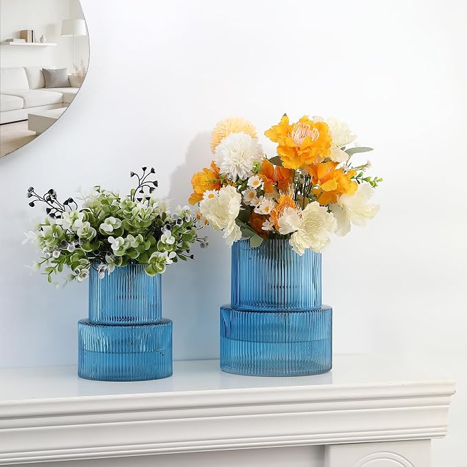 Ribbed Glass Vases for Bouquet, Set of 2 Blue Vases for Flowers, Blue Glass Vase for Tulips, Modern Vase for Living Room, Office, Coffe Table, Dining Table, Shelf, Wedding