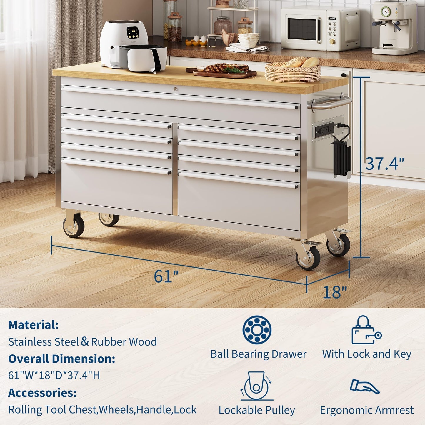 MERXENG 61 in Tool Chest, Tool Box Mobile 9 Drawers Storage Rolling Cabinet with Wheels Lock Key Locking System Drawer Liners for Garage Warehouse Repair Shop