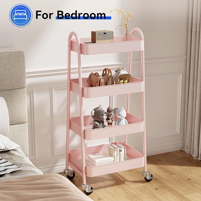 OLIXIS Metal 4 Tiers Utility Rolling Cart, Mobile Storage Shelf with Lockable Caster Wheels, Organization for Livingroom, Bathroom & Narrow Places, 4-Tier Pink