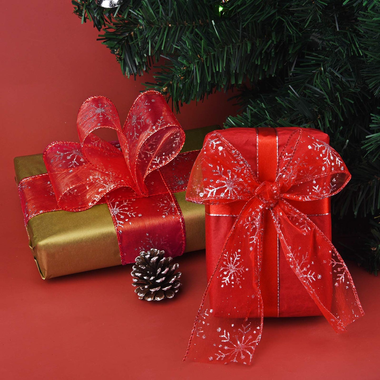Livder 2.5 Inch Wide Christmas Wired Ribbon Snowflake Organza Sheer Glitter Ribbon for Xmas Tree, Wreath, Party Decoration, Gift Wrapping (Red, 21.9 Yards)