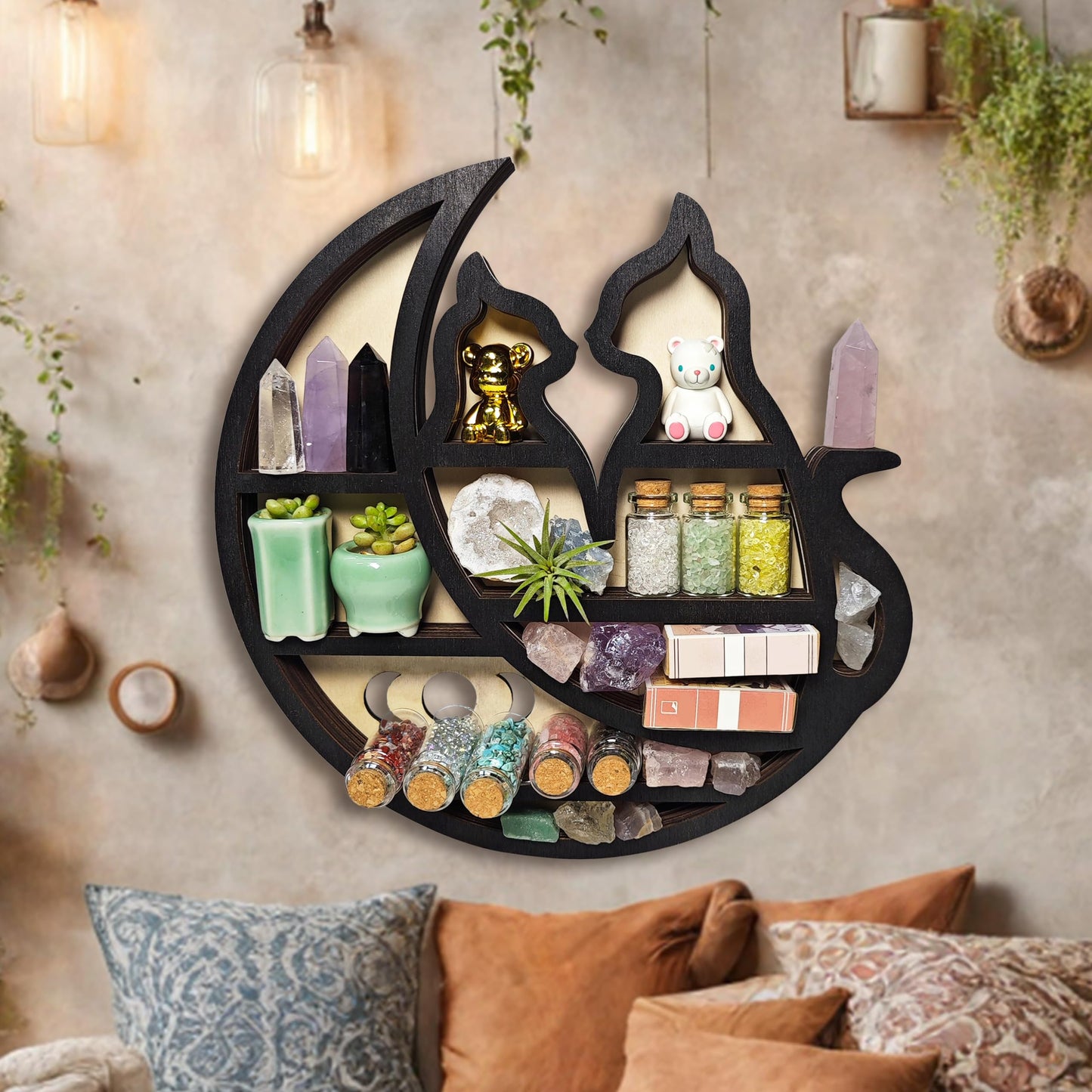 FNYDOX Crystal Display Shelf for Wall, Cats on The Moon Shelf, Crescent Moon Phase Cute Home Decor Wooden Rock Display Shelf Crystal Holder Stone Storage Aesthetic Hanging Floating Organizer